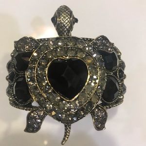 Bold goldtone with black and clear crystals hinged turtle cuff bracelet